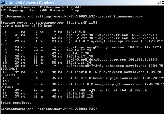 Horrible ping tracert Time Warner.png