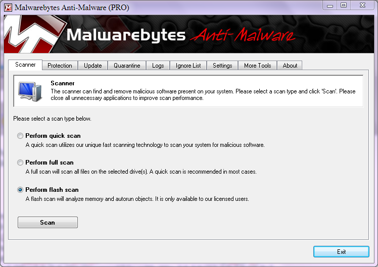 Malwarebytes - 01 Scanner tab.png