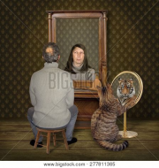 The Balding Man On A Chair And His Cat Look In The Different Mirrors At Home.jpg