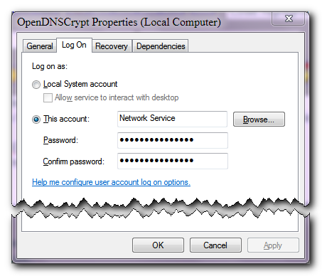 OpenDNS - 01 DNSCrypt service logon settings.png