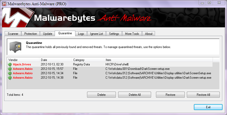 Malwarebytes - 04 Qarantine tab 2012-10-30.png